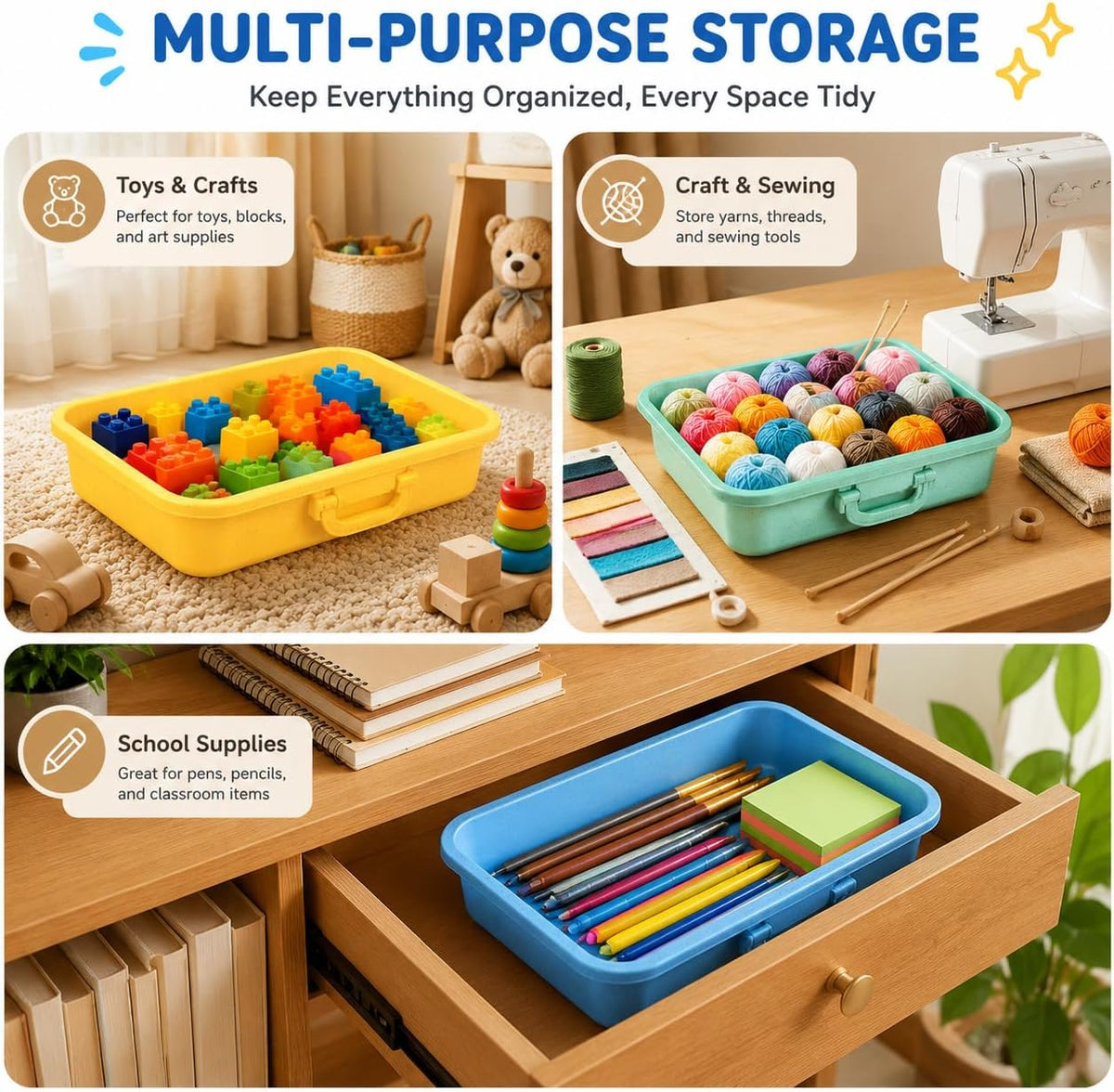 Carolart 3 Pack 12.8 Inch Wheat straw Plastic Storage Bins, Stackable