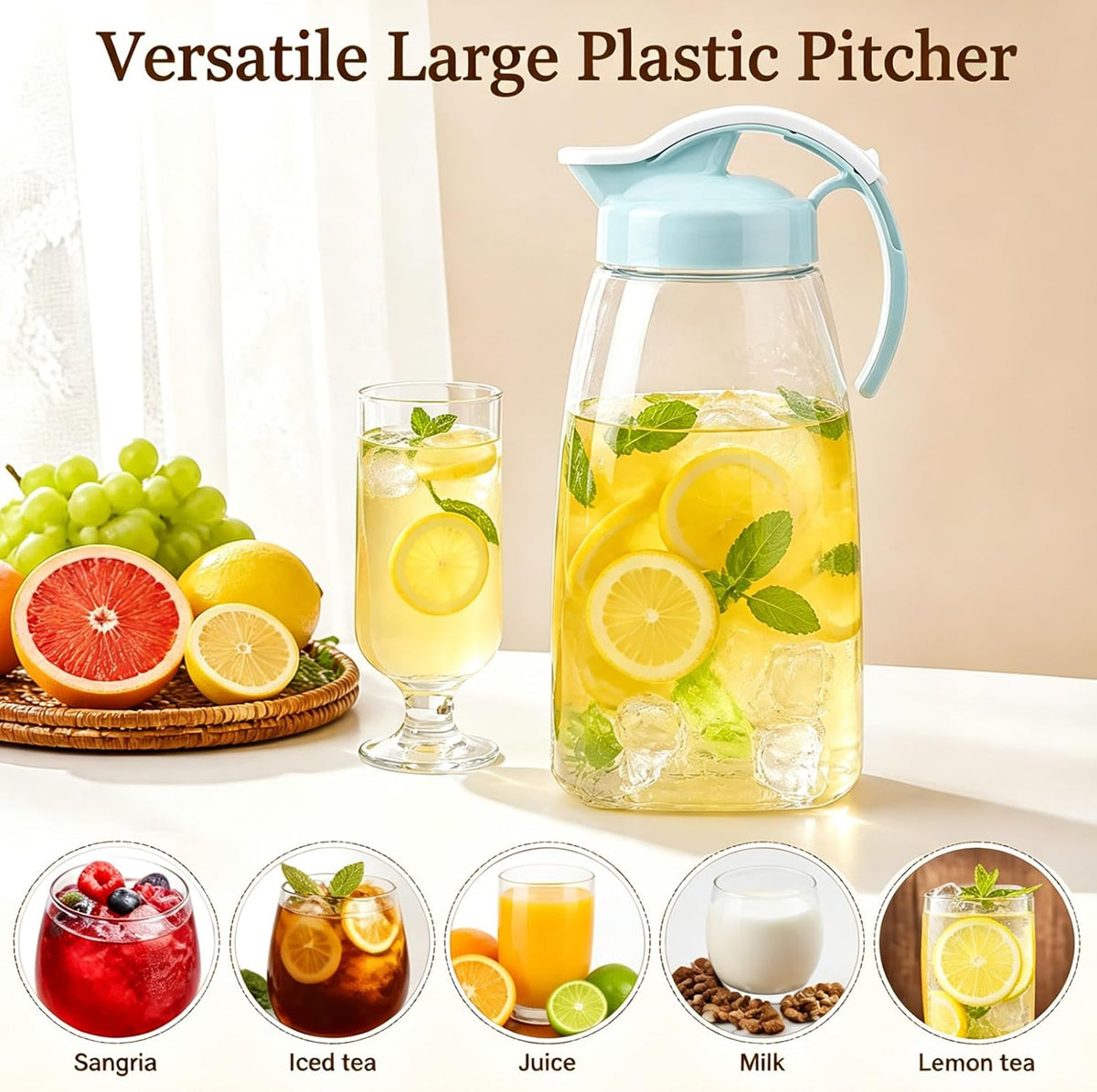 Frcctre 2 Pack Plastic Water Pitcher with Lid, 74 Oz Clear Airtight Beverage Pitcher Juice Container Water Carafe Fridge Jug for Juice, Coffee, Iced Tea, Lemonade, Heat Resistant & Shatter-proof