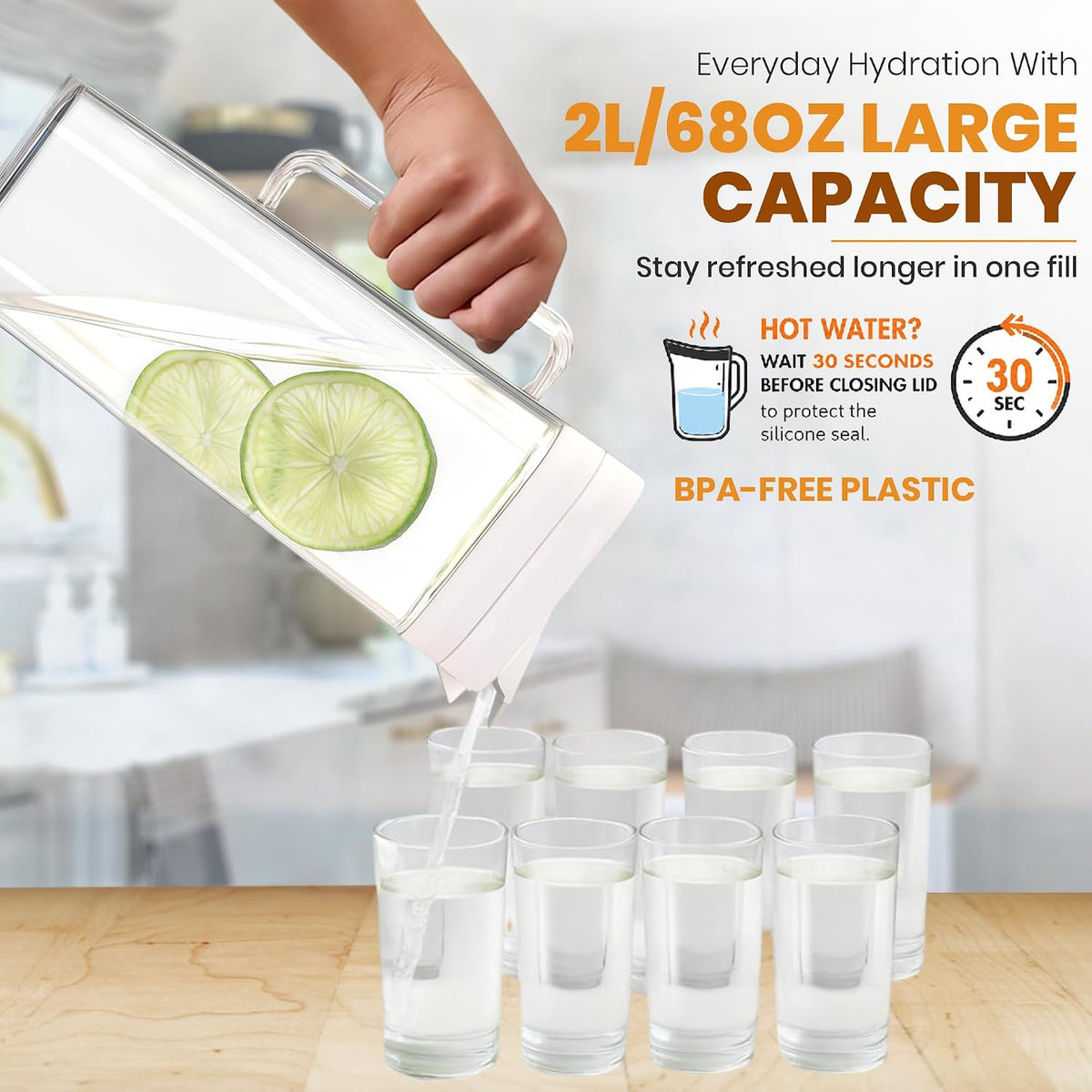 SlimFit 2Quart (2 Liter) pitcher with lid, Water jug for fridge door, White