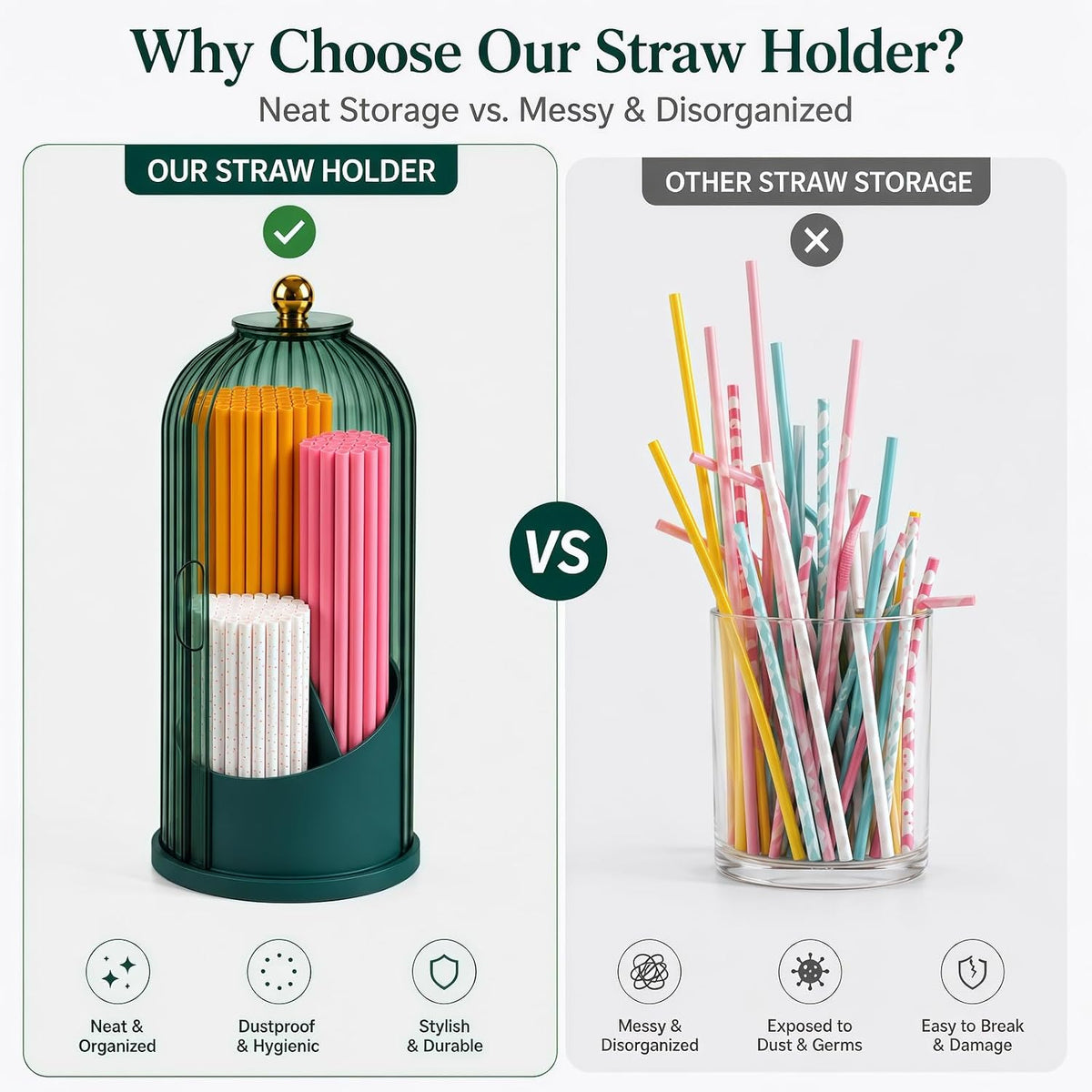Straw Holder with Lid, Straw Organizer and Straw Dispenser, 360° Rotating Clear Straw Storage Container for Counter, Dustproof Plastic Straw Container for Home Kitchen Bar (green)