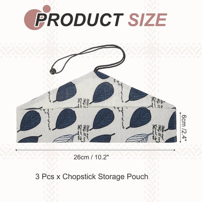 uxcell Chopstick Case, 3 Pcs Chopstick Storage Japanese Style Cutlery Pouch Portable Utensil Travel Case Bag Sleeves Tableware Storage for Spoon Fork Straws, White Base Blue Leaf