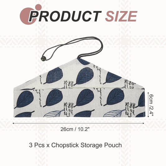 uxcell Chopstick Case, 3 Pcs Chopstick Storage Japanese Style Cutlery Pouch Portable Utensil Travel Case Bag Sleeves Tableware Storage for Spoon Fork Straws, White Base Blue Leaf