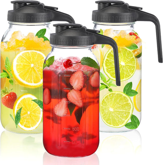 3Pack 64OZ Glass Mason Jar Pitcher with Pour Spout Lid