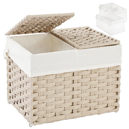 SETVSON Storage Basket with Lid Rattan Woven Storage Baskets with 2 Separate Lids, 17.2 Gallon (65 L), 22 x 13 x 13.8 Inches,Foldable, 2 Removable Liner Bags Handles for Bedroom, Laundry Room Natural