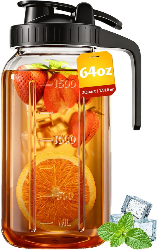 64oz Mason Jar Pitcher, Glass Pitcher with Lid for Tea & Cold Brew