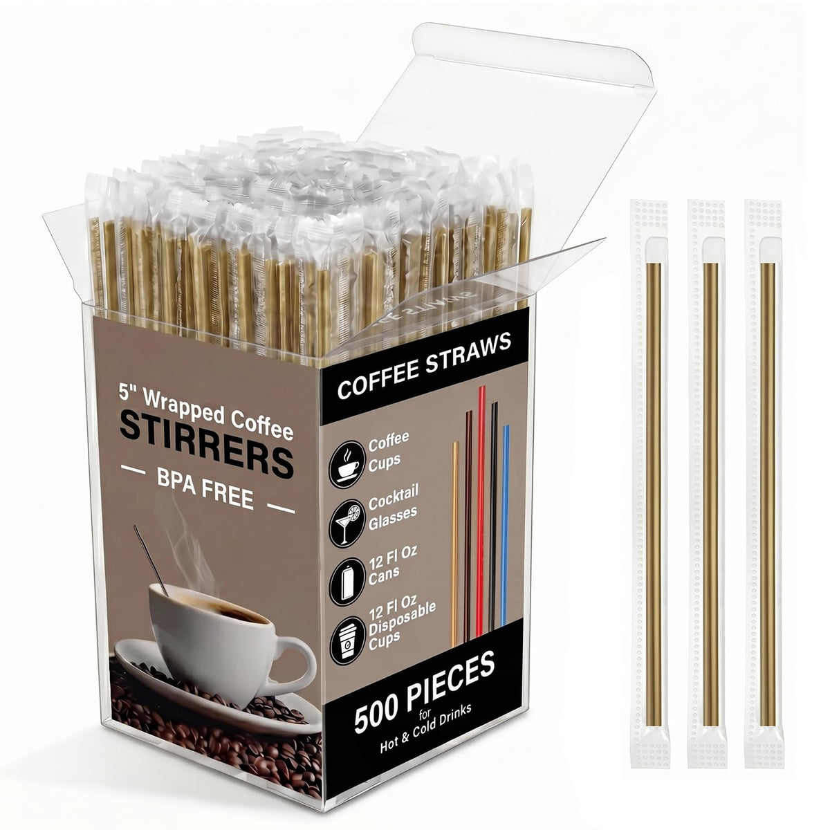 500 Pcs Individually Wrapped Coffee Stirrers, Straws (Gold, 7 in)