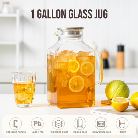 SoulTimes 1 Gallon Thickened Glass Pitcher with Lid and Wider Handle.