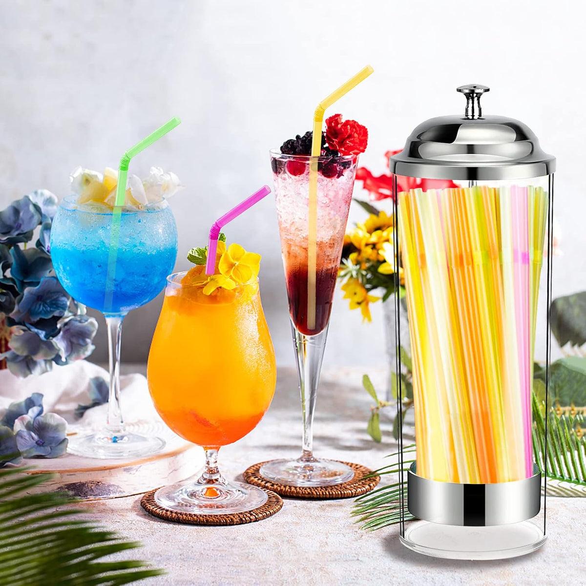 Glass Straw Dispenser Holder with 100PCs Straws & Stainless Steel Lid - Transparent Drinking Straw Organizer Dispenser for Kitchen