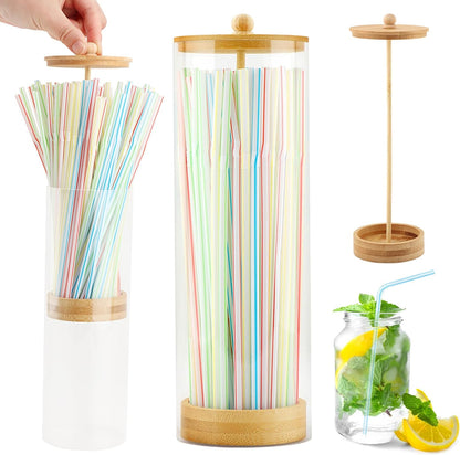 Straws Holder Dispenser with Bamboo Lid, 10-Inch Acrylic Drinking Straw Dispenser Includes 100 Colorful Straws Transparent Straw Storage Container for Kitchen,Pencils and Cutlery