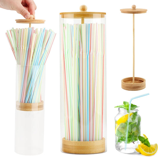 Straws Holder Dispenser with Bamboo Lid, 10-Inch Acrylic Drinking Straw Dispenser Includes 100 Colorful Straws Transparent Straw Storage Container for Kitchen,Pencils and Cutlery