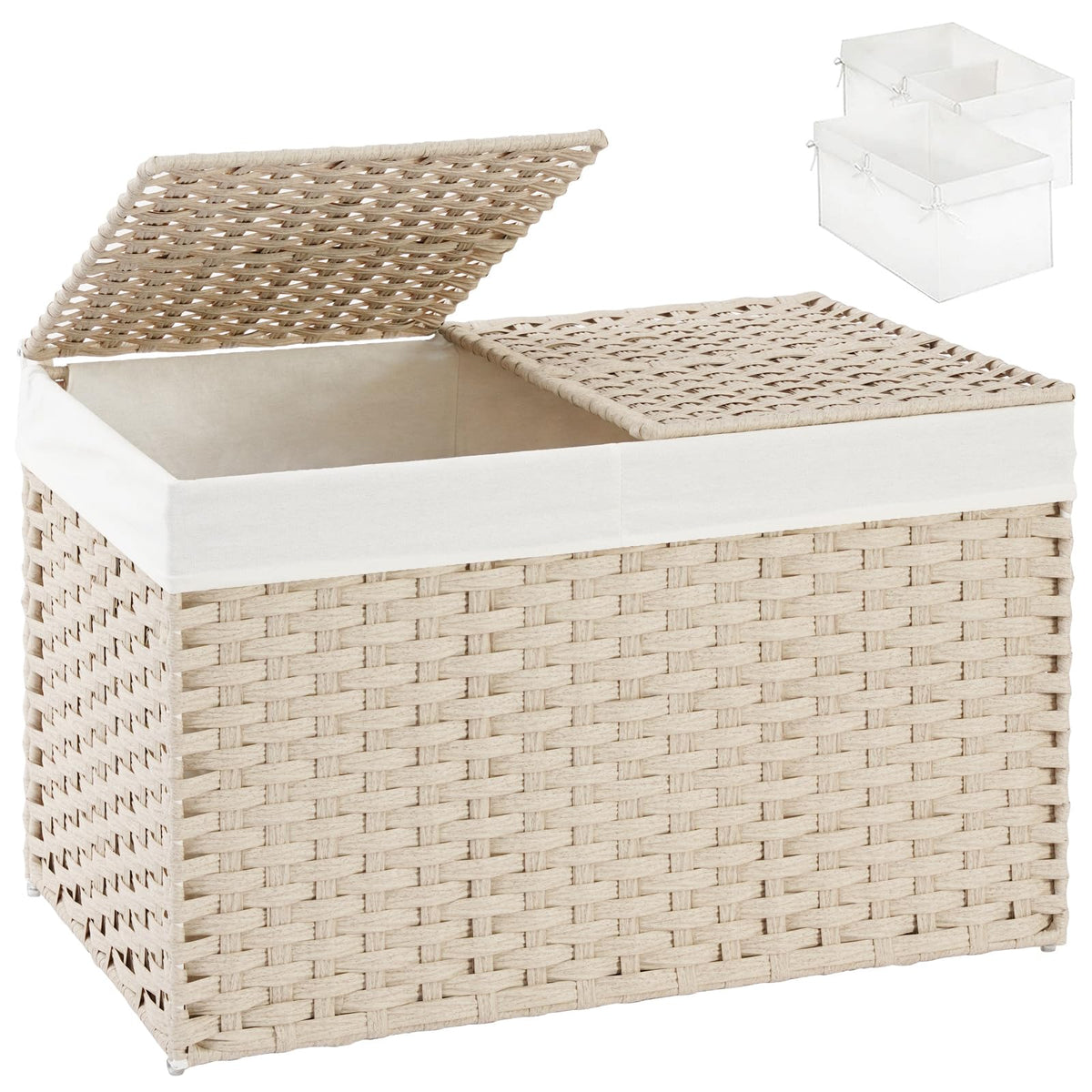 SETVSON Storage Basket with Lid Rattan Woven Storage Baskets with 2 Separate Lids, 17.2 Gallon (65 L), 22 x 13 x 13.8 Inches,Foldable, 2 Removable Liner Bags Handles for Bedroom, Laundry Room Natural
