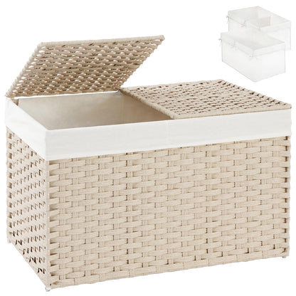 SETVSON Storage Basket with Lid Rattan Woven Storage Baskets with 2 Separate Lids, 17.2 Gallon (65 L), 22 x 13 x 13.8 Inches,Foldable, 2 Removable Liner Bags Handles for Bedroom, Laundry Room Natural