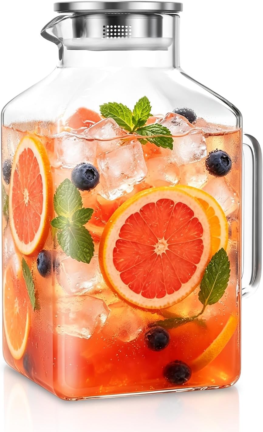 SoulTimes 1 Gallon Thickened Glass Pitcher with Lid and Wider Handle.
