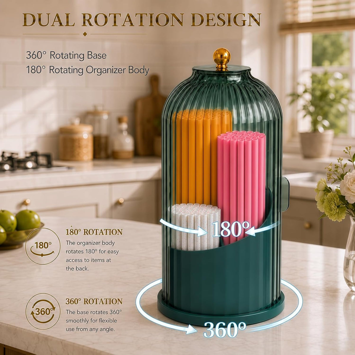 Straw Holder with Lid, Straw Organizer and Straw Dispenser, 360° Rotating Clear Straw Storage Container for Counter, Dustproof Plastic Straw Container for Home Kitchen Bar (green)
