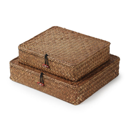 4 Pack, Wicker Baskets with Lids, Natural Seagrass Storage Baskets, Woven Rectangular Basket Bins, Rattan Storage Organizer for Shelf