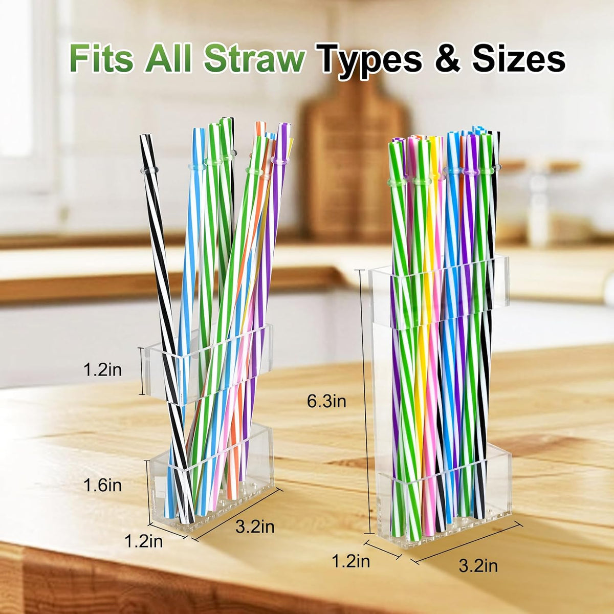 2 PACK Acrylic Straw Holder for Cabinet Doors, Reusable Straw Organizer with Ultra-Sticky Adhesive, Small Kitchen Accessories Container, Fits Both Short & Long Straws (Transparent)
