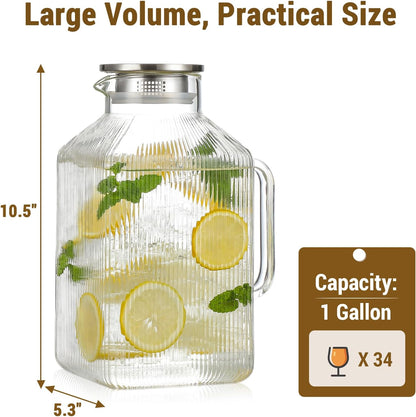 1 Gallon Square Classic Stripes Glass Pitcher with Lid, Pitchers for Fridge