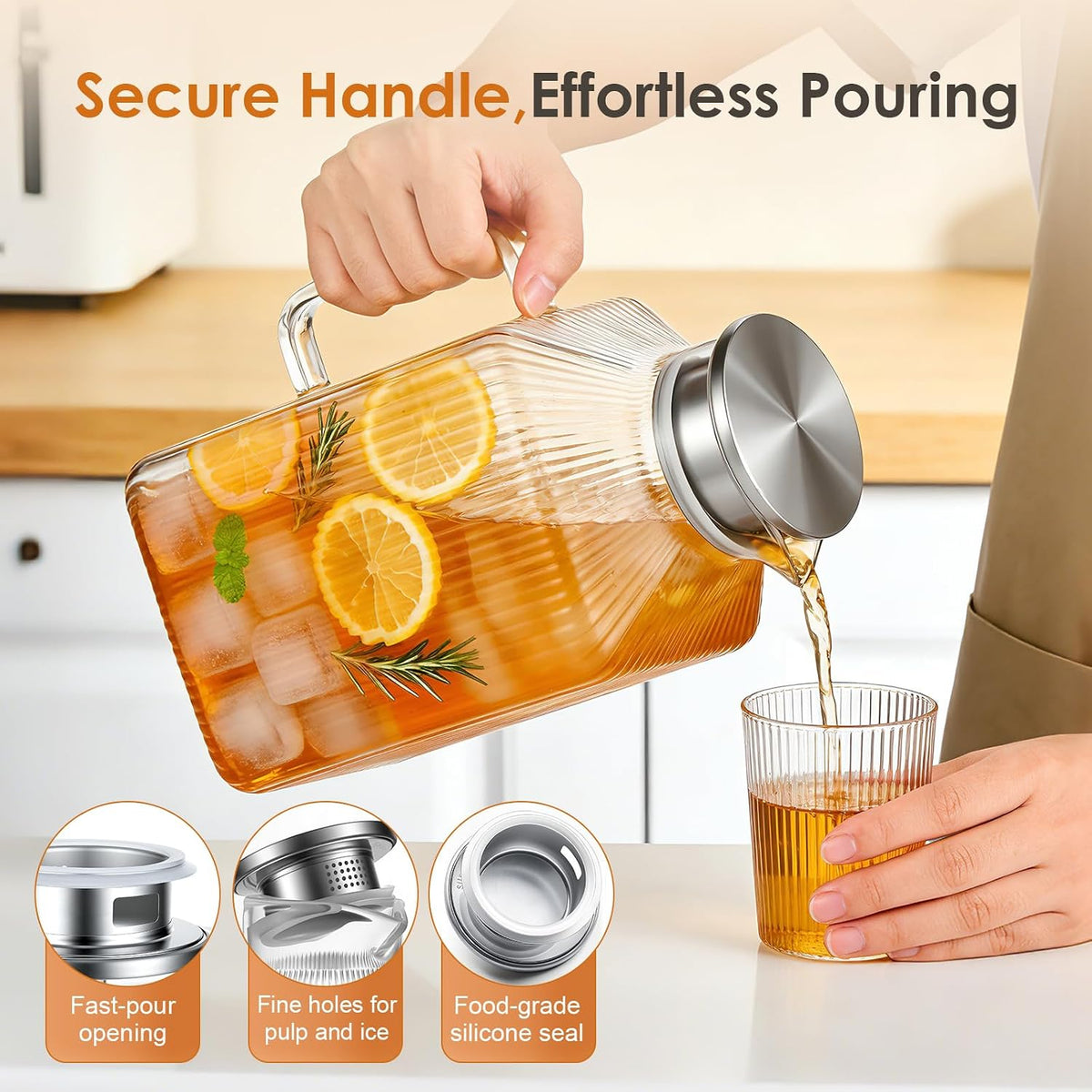 1 Gallon Thickened Square Glass Pitcher with Lid, Spout and Handle