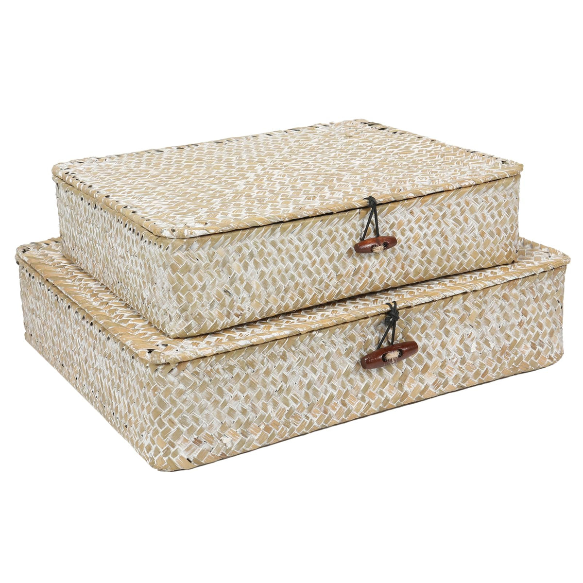 Set of 2 Flat Seagrass Storage Bins with Lid Wicker Storage Baskets for Organizing, Woven Shelf Organizer Bins Home Utility Organizer Box for Home & Office Supplies(Coffee)