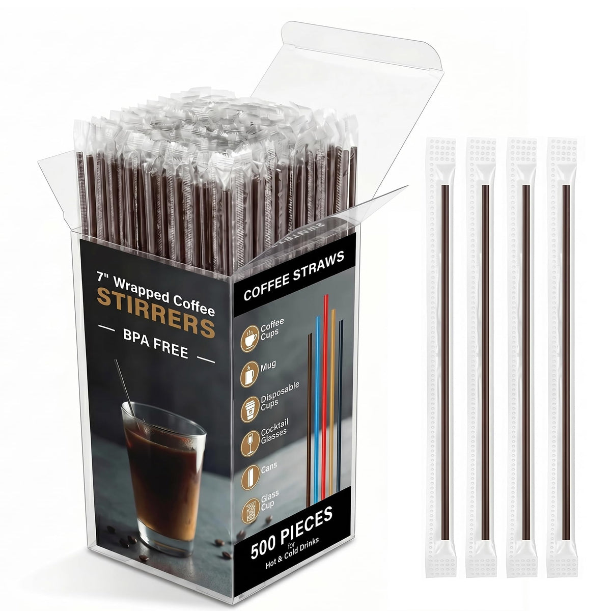 500 Pcs Individually Wrapped Coffee Stirrers, Straws (Gold, 7 in)
