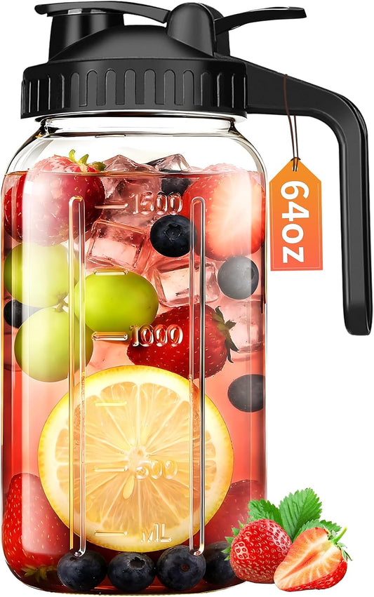 64 oz Mason Jar Pitcher with Lid, Airtight & Leakproof Glass Pitcher