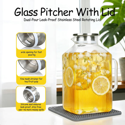 1 Gallon Glass Pitcher with Lid, Square Borosilicate Glass Carafe