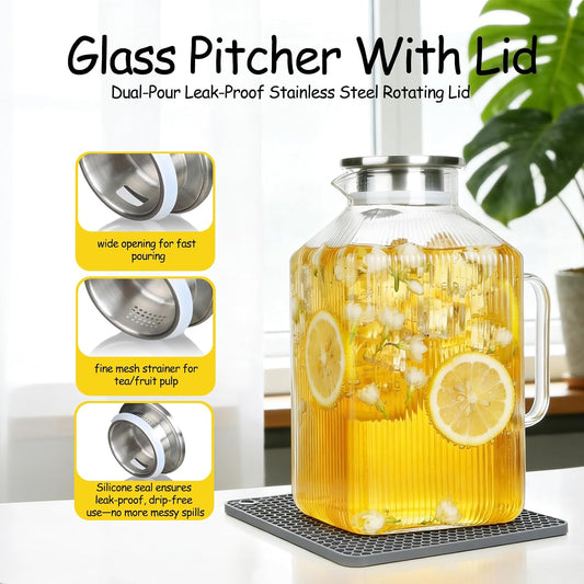 1 Gallon Glass Pitcher with Lid, Square Borosilicate Glass Carafe