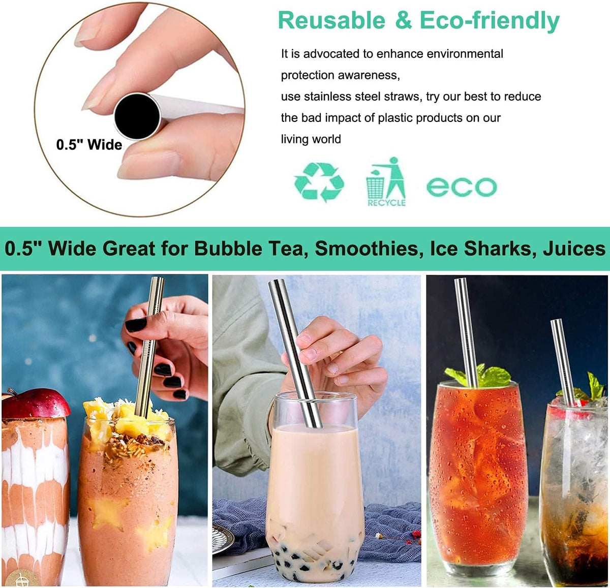 Vinaco 6 Pcs 0.5" Wide Bore Reusable Stainless Steel Metal Smoothie Straws