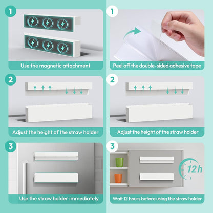Metal Straw Holder for Cabinet Door with Magnetic and Double Sided Adhesive Tape,Reusable Tumbler Straw Organizer Storage for Refrigerator,Kitchen Accessories Container (White)