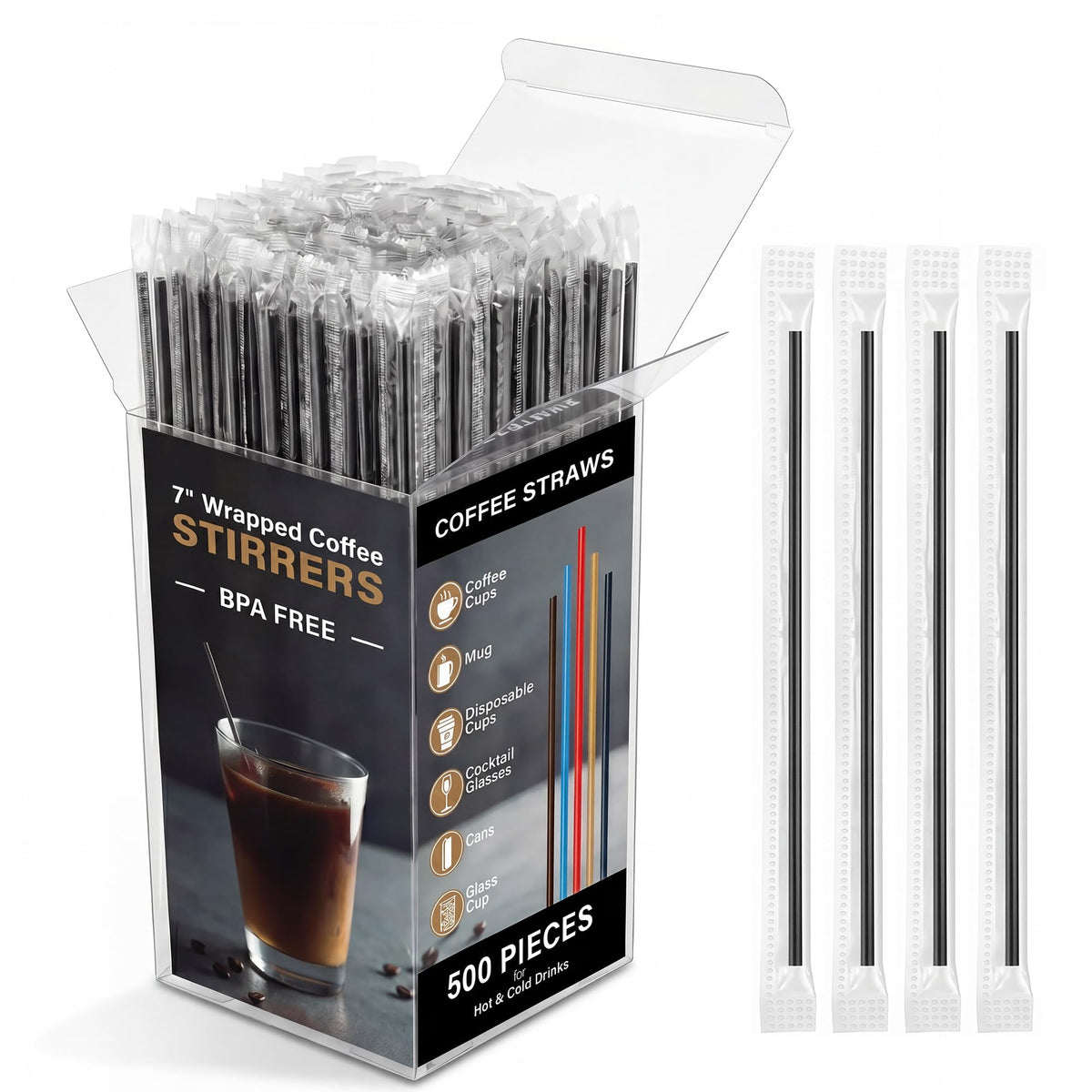 500 Pcs Individually Wrapped Coffee Stirrers, Straws (Gold, 7 in)