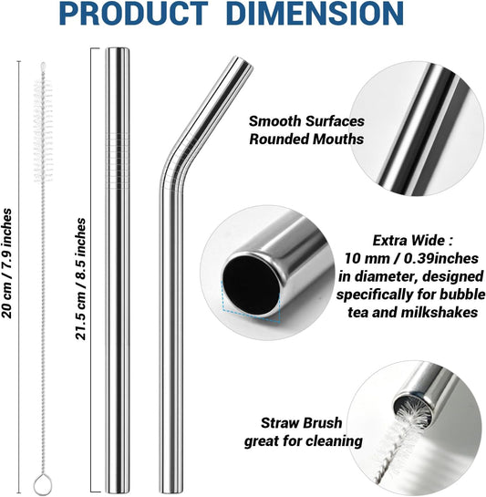 Reusable Metal Straws, 8.5”x0.47” Extra Wide Stainless Steel Straws
