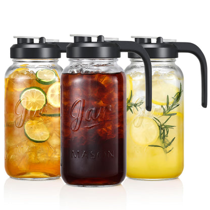 Set of 2, Glass Pitcher with Lid - 2 Quart Mason Jar Pitcher with Filter Lid, Wide Mouth Jar Leak-proof Water Jug, Heavy Duty Container for Water, Juice, Milk, Tea, Iced Coffee, and Drinks