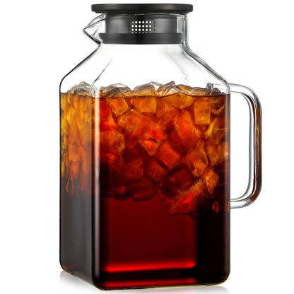 1 Gallon Square Glass Pitcher with Lid and Spout, Borosilicate Glass Carafe for Hot/Cold Drink, Water Pitchers with Handle for Fridge, Extra Large Jug for Iced Tea, Coffee, Juice, Beverage