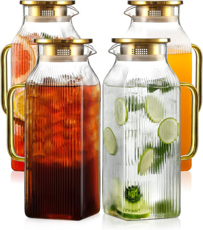 4 Pack 2 Liter/68 oz Square Glass Pitcher with Lid, Classic Stripes Water Pitchers with Handle for Fridge, Large Jug for Iced Tea, Coffee, Borosilicate Glass Carafe for Hot/Cold Brew Drink, Gold