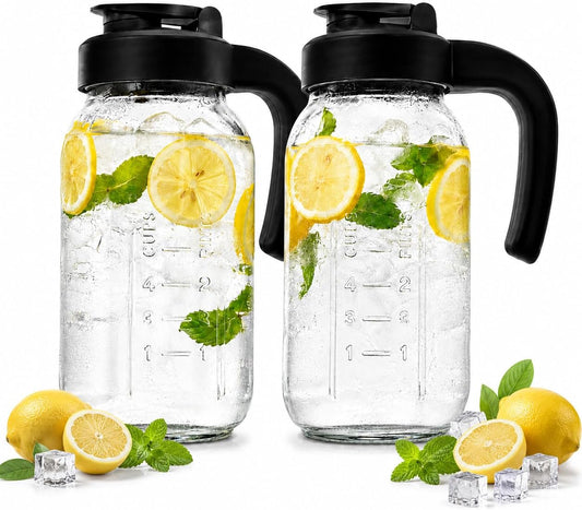 New Updated Glass Pitchers with Lid, Handle lengthened and thickened, Set of 2, 64OZ Leak-Proof Airtight Mason Jars, Wide Mouth Water Jugs for Cold Brew Coffee, Iced tea, Milk, Food Storage