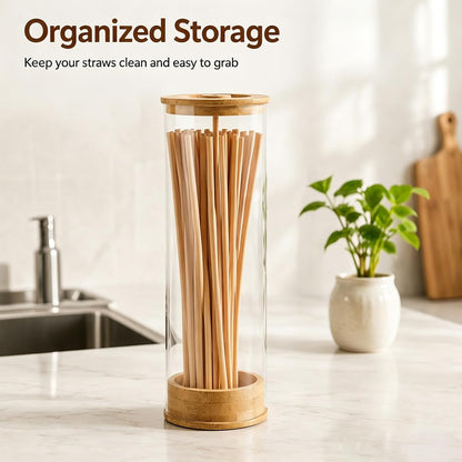 Straw Holder Dispenser for Counter, 10 Inch Clear Acrylic Straw Organizer Container with Bamboo Lid, Plastic Drinking Straw Storage Box for Home Kitchen, Cabinet, Office