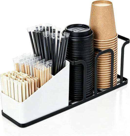 Coffee Cup and Lid Holder Organizer 18oz,5-Compartment with storage box for coffee pods, straws and Packets,Ideal for kitchen, Countertop coffee station bar & office,Black and White