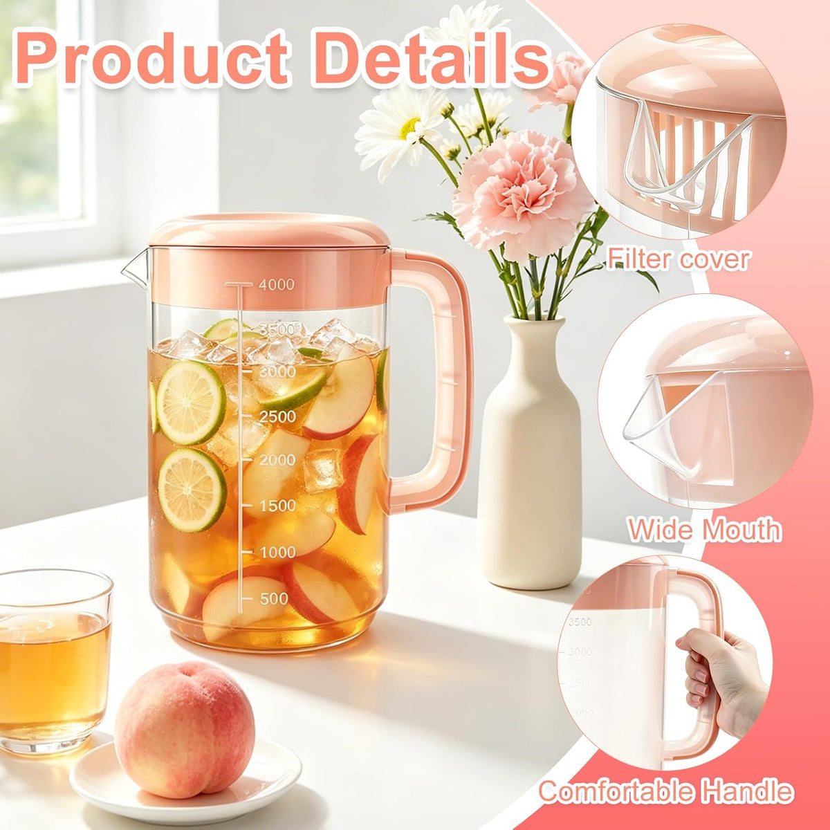 Nexboraque 2 Pack 1 Gallon Plastic Straining Pitcher with Lid - Large Water Pitcher with Handle and Measurements for Cold Drinks and Iced Tea - Pink, Yellow