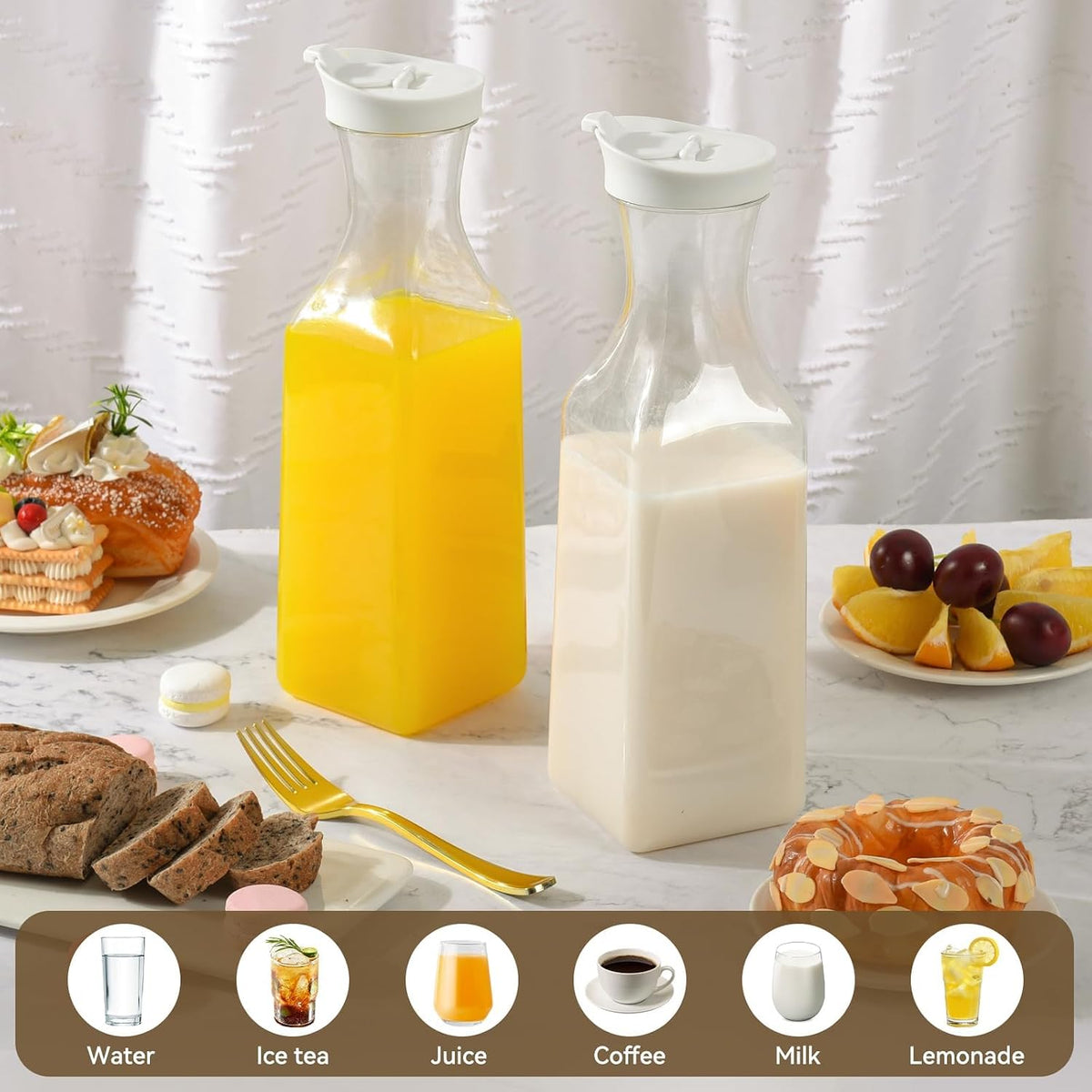 Set Of 2 Plastic Carafe With Lid, 50 Oz Mimosa Bar Supplies, Large Plastic Water Pitcher, Square Base Juice Containers For Party, Milk Container, Beverage Containers For Fridge- HAND WASH ONLY