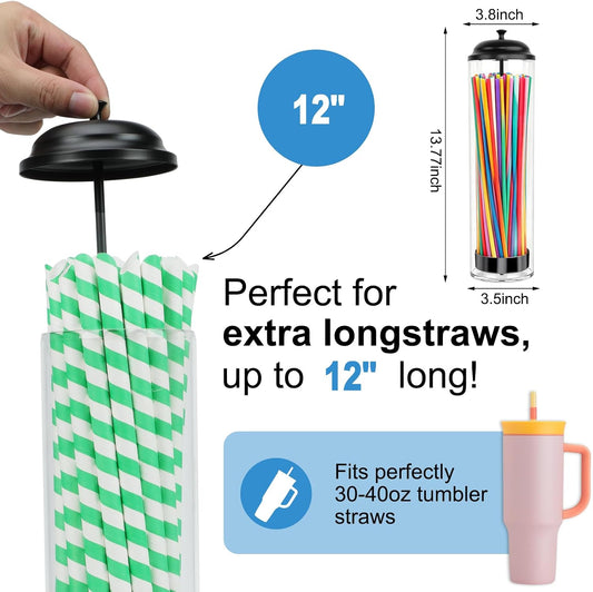 13.77 inch Straw Holder for Standard & Long Bended Size Drinking Straws,Straw Dispenser for Counter With Black Lid,Clear Drinking Organizer Container for Kitchen(Straws Include)
