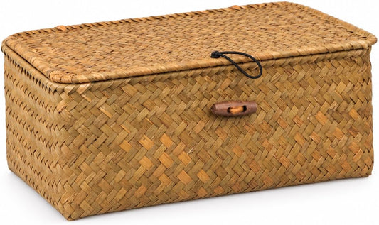 STOBAZA Straw Woven Basket Lid for Storage Medium Rattan Sundries Organizer Box for Bedroom and Home Decor Orange