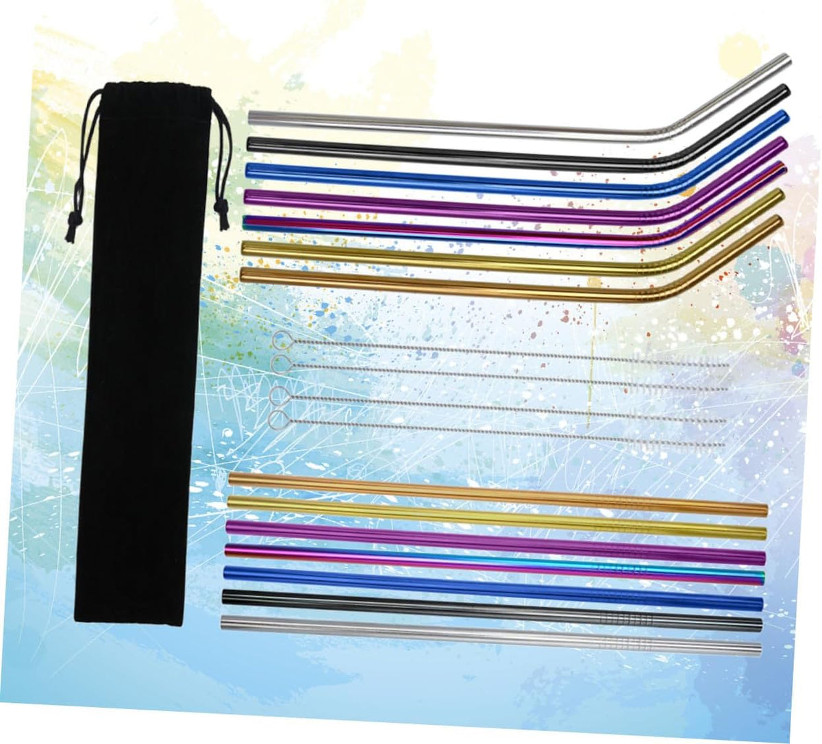19Pcs Stainless Steel Drinking Straws Set Curved Straight with Brush