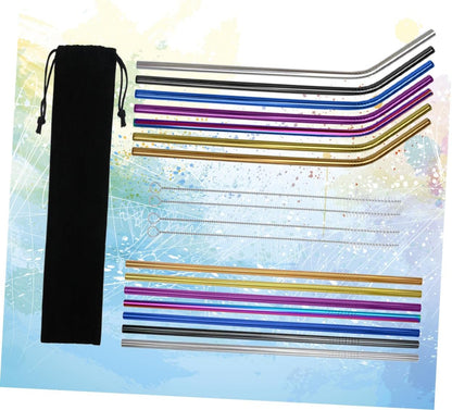 19Pcs Stainless Steel Drinking Straws Set Curved Straight with Brush