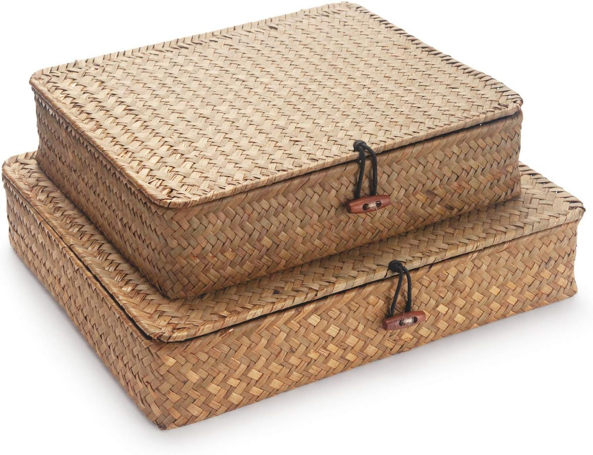 Seagrass Storage Basket Box with Lid, Natural, Set of 2