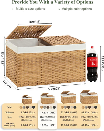 SETVSON Storage Basket with Lid Rattan Woven Storage Baskets with 2 Separate Lids, 17.2 Gallon (65 L), 22 x 13 x 13.8 Inches,Foldable, 2 Removable Liner Bags Handles for Bedroom, Laundry Room Natural