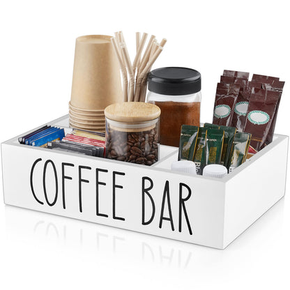 ALELION Coffee Station Organizer - Wood Countertop Accessories Organizer with Removable Dividers for Pods Condiment Syrup Tea Cups Stirrers - for Farmhouse Coffee Bar Decor