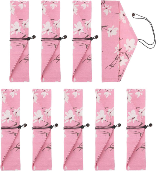uxcell Chopstick Case, 9 Pcs Chopstick Storage Japanese Style Cutlery Pouch Portable Utensil Travel Case Bag Sleeves Tableware Storage for Spoon Fork Straws, Pink Base White Floral