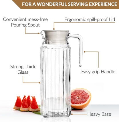Glass Pitcher with Lid – Set of 2 34Oz Glass Water Pitcher – Cold Water Carafe For Ice Tea, Lemonade, Coffee – Elegant and Modern – Practical Spout Pitchers for Drinks