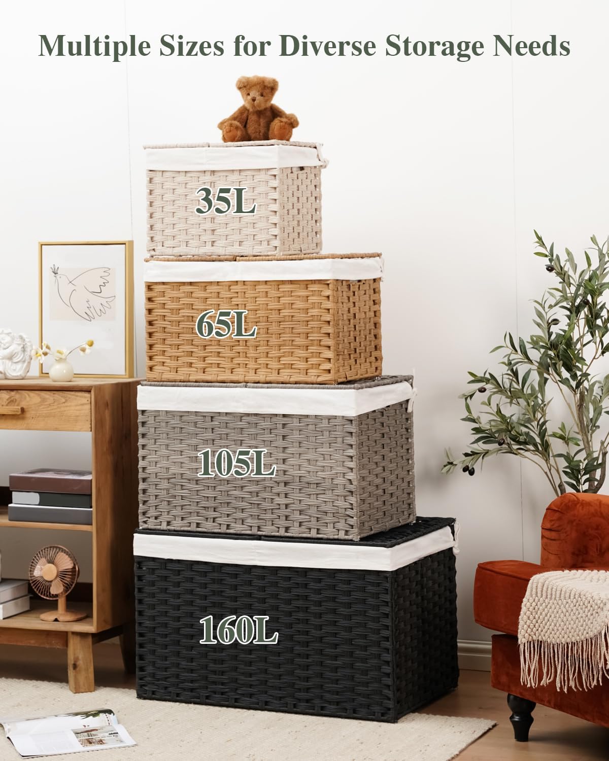 SETVSON Storage Basket with Lid Rattan Woven Storage Baskets with 2 Separate Lids, 17.2 Gallon (65 L), 22 x 13 x 13.8 Inches,Foldable, 2 Removable Liner Bags Handles for Bedroom, Laundry Room Natural