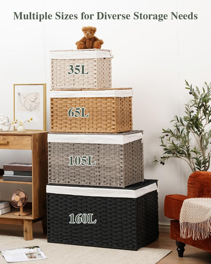SETVSON Storage Basket with Lid Rattan Woven Storage Baskets with 2 Separate Lids, 17.2 Gallon (65 L), 22 x 13 x 13.8 Inches,Foldable, 2 Removable Liner Bags Handles for Bedroom, Laundry Room Natural
